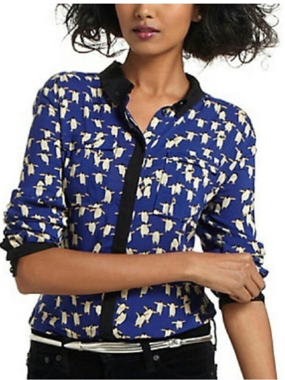 Anthropologie Maeve blue penguin print button blouse black collar/cuffs Size 0